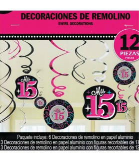 Quinceanera 'Pink Sparkling Celebration' Mis 15 Foil Hanging Swirl Decorations (12pc)