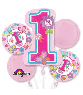 1st Birthday Girl Foil Mylar Balloon Bouquet (5ct)
