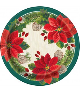 Christmas 'Red and Green Poinsettia' Large Paper Plates (8ct)