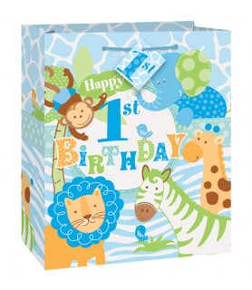1st Birthday 'Blue Safari' Small Gift Bag w/ Tag (1ct)