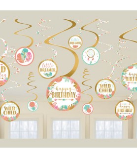 1st Birthday 'Boho Girl' Hanging Swirl Decorations (12pc)