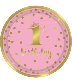 1st Birthday 'Pink and Gold' Large Paper Plates (8ct)