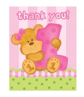 Bear's 1st Birthday Girl Thank You Notes w/ Envelopes (8ct)