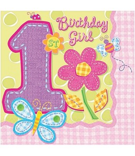 1st Birthday Girl Hugs & Stitches Small Napkins (16ct)