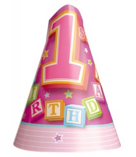 1st Birthday Blocks Girl Cone Hats (12ct)