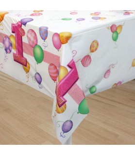 1st Birthday Balloons Girl Plastic Table Cover (1ct)