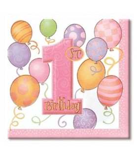 1st Birthday Balloons Girl Small Napkins (16ct)