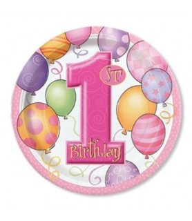 1st Birthday Balloons Girl Large Paper Plates (8ct)