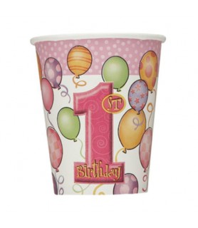 1st Birthday Balloons Girl 9oz Paper Cups (8ct)