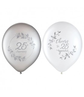 25th Anniversary Silver and White Latex Balloons (15ct)