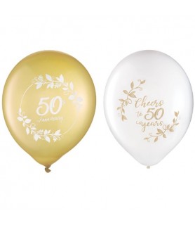 50th Anniversary Gold and White Latex Balloons (15ct)