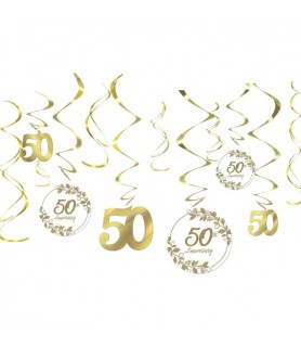 50th Anniversary Gold Foil Hanging Swirl Decorations (12ct)