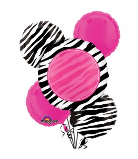 Zebra Stripes 'Pink and Black' Animal Print Customizable Foil Mylar Balloon Bouquet (5pc)