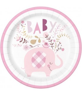Baby Shower 'Pink Floral Elephant' Large Paper Plates (8ct)