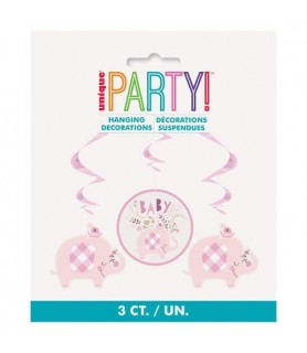 Baby Shower 'Pink Floral Elephant' Foil Hanging Swirl Decorations (3ct)