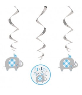 Baby Shower 'Blue Floral Elephant' Foil Hanging Swirl Decorations (3ct)