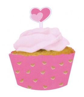 Baby Shower Pink Hearts Cupcake Wrappers w/ Toppers (8ct ea.)