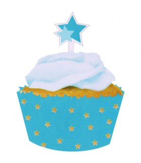 Baby Shower Blue Stars Cupcake Wrappers w/ Toppers (8ct ea.)