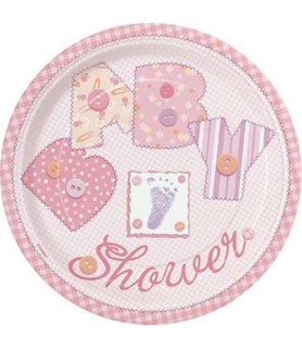 Baby Shower 'Pink Stitching' Large Paper Plates (8ct)