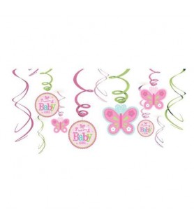 Baby Shower 'Welcome Little One Girl' Hanging Swirl Decorations (12pc)