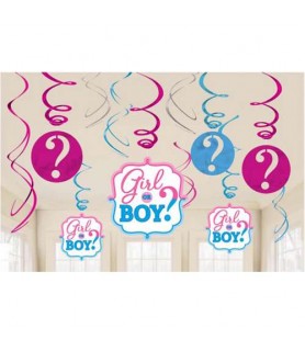 Baby Shower Gender Reveal 'Girl or Boy' Hanging Swirl Decorations (12pc)