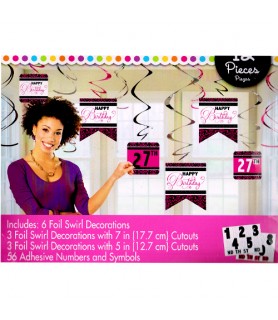 Birthday Black and Pink Hanging Swirl Decorations (12pc)