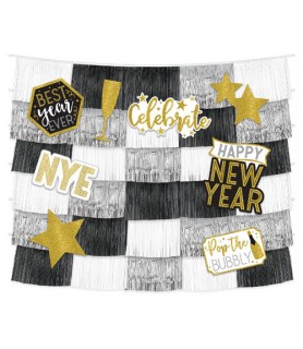 New Year's 'Black Gold and Silver' Fringe Backdrop w/ Cutouts (14pc)