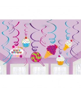 Happy Birthday 'Sweet Shop' Hanging Swirl Decorations (12pc)