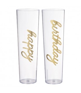 Birthday 'Golden Age' Clear Plastic Stemless Champagne Glasses (2pcs; 9oz)