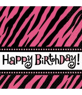 Zebra Stripes 'Pink and Black' Animal Print 'Happy Birthday' Small Napkins (16ct)