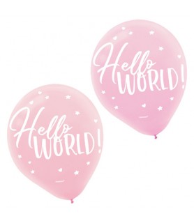 Baby Shower 'Hello World Girl' Latex Balloons (15ct)