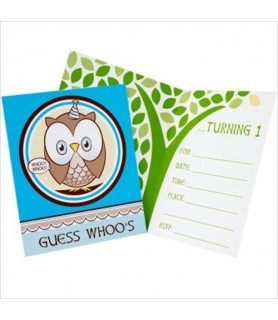 Look Whoo's 1 Owl Blue Invitations w/ Env. (8ct)