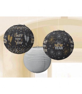 New Year's 'Black Gold and Silver' Paper Lanterns (3ct)