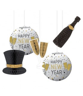 New Year's 'Black Gold and Silver' Deluxe Paper Lanterns and Honeycomb Decorations Set (5pc)
