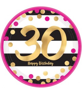 Birthday 'Hot Pink and Gold' 30th Birthday Large Paper Plates (8ct)