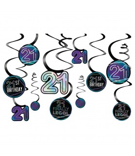 Happy Birthday 'Finally 21' Iridescent Hanging Swirl Decorations (12pcs)