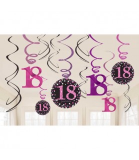 Happy Birthday 'Pink Sparkling Celebration' 18th Birthday Foil Hanging Swirl Decorations (12pc)