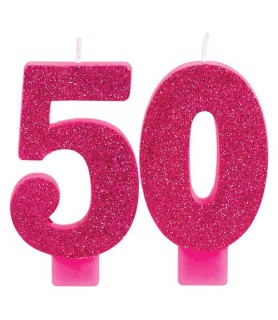 Over the Hill 'Hot Pink and Gold' 50th Birthday Glitter Cake Candles (2pc)