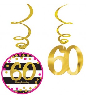 Over the Hill 'Hot Pink and Gold' 60th Birthday Hanging Swirl Decorations (12pc)
