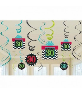 Over the Hill 'Chevron and Stripes' 30th Birthday Foil Swirl Decorations (12pc)