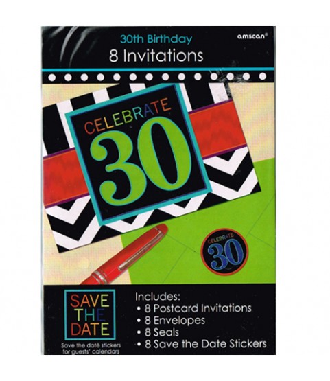 Over the Hill 'Chevron and Stripes' 30th Birthday Invitation Set w/ Envelopes (8ct)