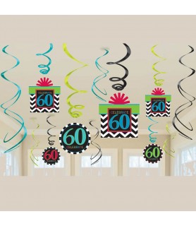 Over the Hill 'Chevron and Stripes' 60th Birthday Foil Swirl Decorations (12pc)