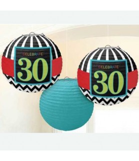 Over the Hill 'Chevron and Stripes' 30th Birthday Paper Lanterns (3pc)