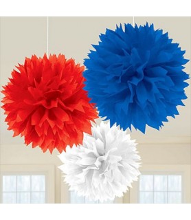 Red White and Blue Large Fluffy Pom Pom Hanging Decorations (3ct)