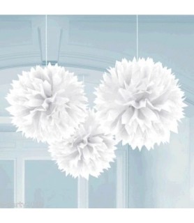 White Large Fluffy Pom Pom Hanging Decorations (3ct)