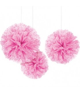 Pink Paisley Large Fluffy Pom Pom Hanging Decorations (3ct)