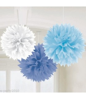 Blue and White Large Fluffy Pom Pom Hanging Decorations (3ct)