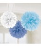 Blue and White Large Fluffy Pom Pom Hanging Decorations (3ct)