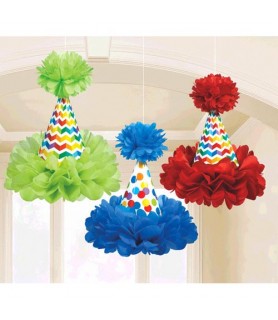 Bright Birthday Cone Hat Fluffy Decorations (3pc)