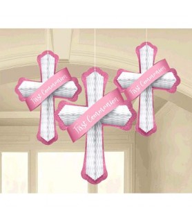 Religious 'First Communion' Pink Honeycomb Decorations (3pc)